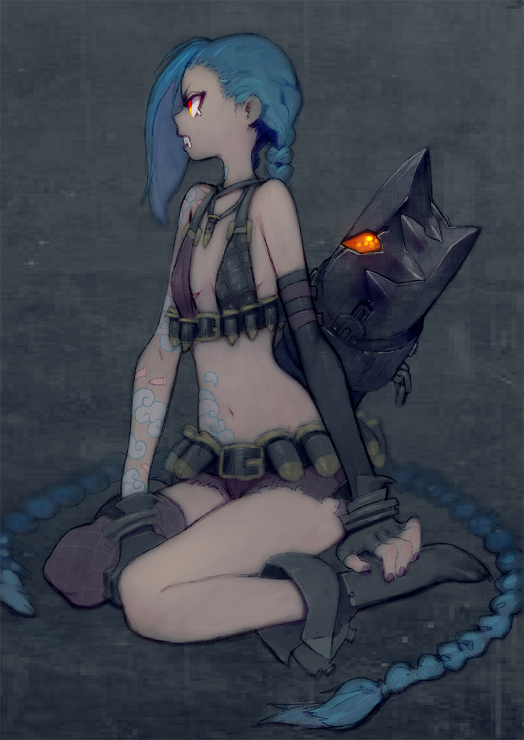 1girl asymmetrical_legwear bangs bare_shoulders belt bikini_top blue_hair boots braid bullet clenched_teeth elbow_gloves fingerless_gloves flat_chest full_body gloves highres jewelry jinx_(league_of_legends) league_of_legends lipstick long_hair looking_away makeup nail_polish navel necklace orange_eyes profile saliva shorts simple_background sitting solo tattoo tears tekito03 thighhighs twin_braids very_long_hair wariza weapon