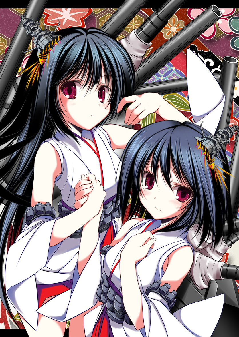 2girls black_hair detached_sleeves fusou_(kantai_collection) hair_ornament holding_hands japanese_clothes kantai_collection long_hair looking_at_viewer multiple_girls short_hair tenmu_shinryuusai very_long_hair violet_eyes yamashiro_(kantai_collection)