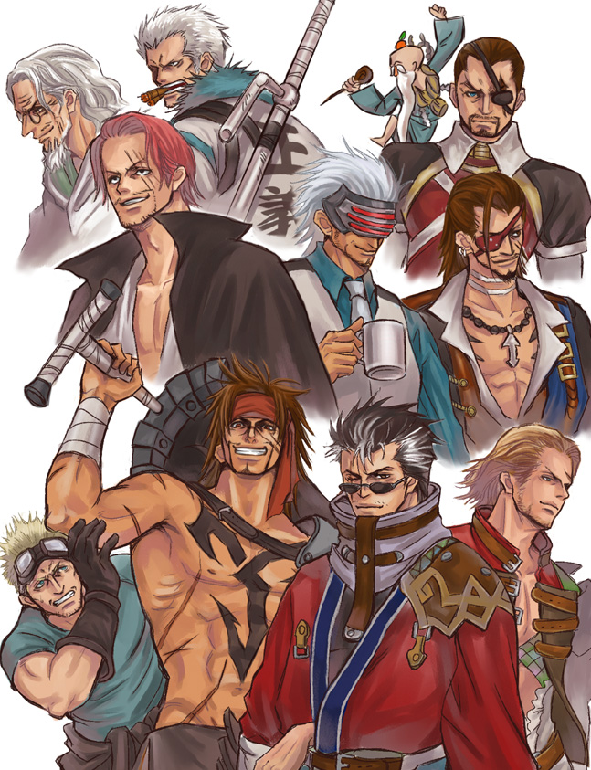 6+boys arisue_kanako auron basch_fon_ronsenburg beard black_hair blonde_hair brown_hair cape character_request choker cid_highwind cigar crossover eyepatch facial_hair final_fantasy final_fantasy_vii final_fantasy_x final_fantasy_xii glasses gloves godot goggles goggles_on_head gyakuten_saiban gyakuten_saiban_3 jecht male manly multicolored_hair multiple_boys multiple_crossover one_piece redhead rogue_galaxy shanks shirt shirtless silvers_rayleigh smoker_(one_piece) smoking streaked_hair sunglasses sword tattoo weapon white_background white_hair zegram_ghart