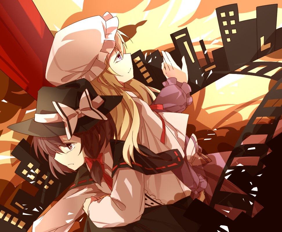 2girls ascot back-to-back blonde_hair blue_eyes bow brown_eyes brown_hair building capelet city cityscape closed_mouth dutch_angle expressionless hair_bow hat hat_bow light_smile long_hair maribel_hearn multiple_girls nishigyou_teraa railroad_tracks ribbon sitting smile touhou twilight usami_renko