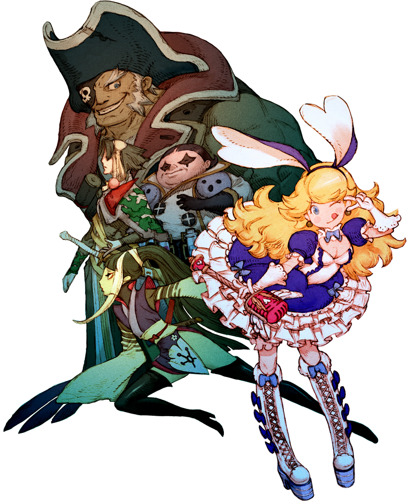 ;q animal_ears barbarossa black_hair blonde_hair blue_eyes boots bravely_default:_flying_fairy bunny_ears cross-laced_footwear earrings eyepatch frilled_skirt frills gloves group_shot hat jewelry knee_boots konoe_kikyou kusurishi_kada lace-up_boots long_hair nobutsuna_kamiizumi official_art pirate pirate_hat ponytail purin_a_la_mode skirt small_breasts thigh_boots thighhighs tongue v_over_eye white_gloves wink