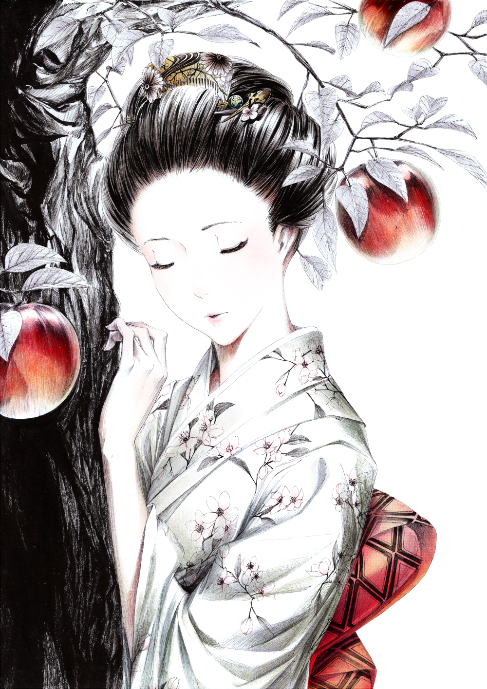1girl apple ballpoint_pen_(medium) black_hair cherry_blossoms closed_eyes floral_print food fruit hair_ornament hairpin highres japanese_clothes kimono monochrome original resized revision sawasawa solo spot_color traditional_media tree white_skin
