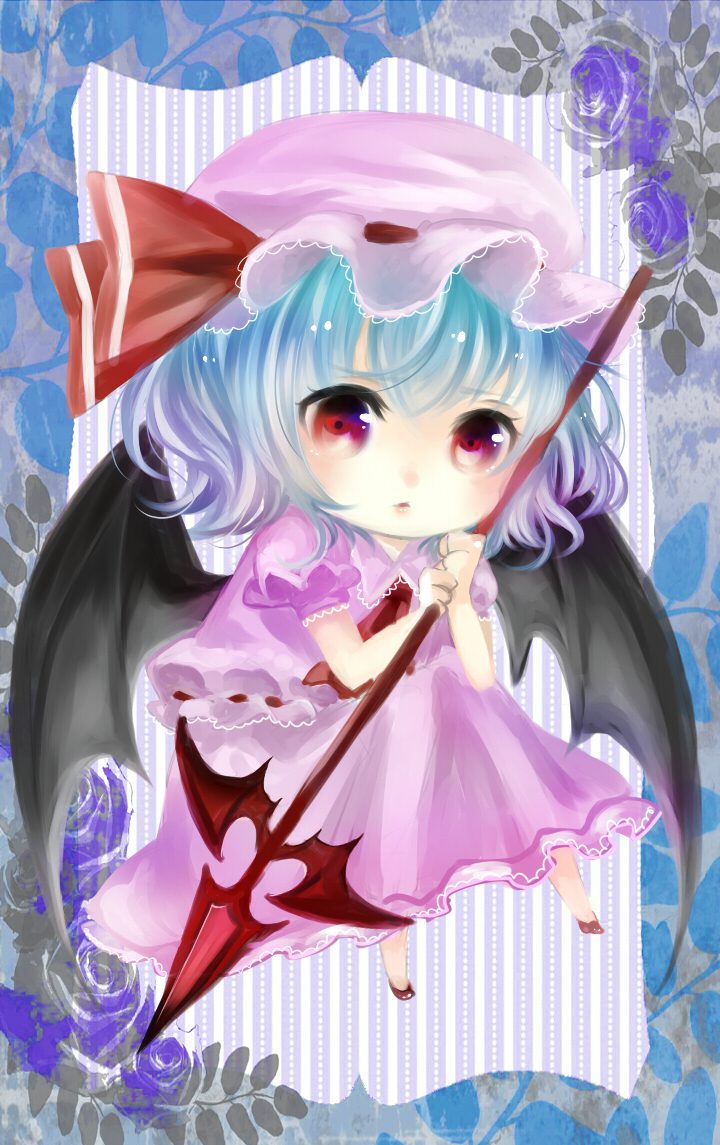 1girl bat_wings blue_hair blue_rose chibi elbows_on_knees flower frame leaf lips looking_at_viewer mob_cap puffy_short_sleeves puffy_sleeves red_eyes remilia_scarlet rose short_hair short_sleeves skirt skirt_set solo spear_the_gungnir striped striped_background touhou wings yamiori