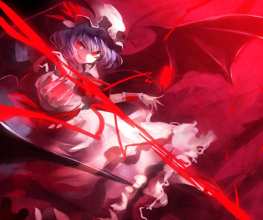 1girl bat_wings black_wings frilled_skirt frills hat hat_ribbon kozou_(soumuden) looking_at_viewer mob_cap open_mouth polearm purple_hair red_eyes remilia_scarlet ribbon shirt short_hair skirt skirt_set smile solo spear spear_the_gungnir touhou vest weapon wings wrist_cuffs