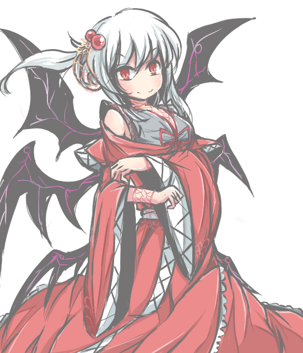 1girl alternate_hairstyle demon_wings dress hair_up multiple_wings no_nose red_dress red_eyes satorichan shinki side_ponytail slit_pupils solo touhou touhou_(pc-98) white_background wide_sleeves wings