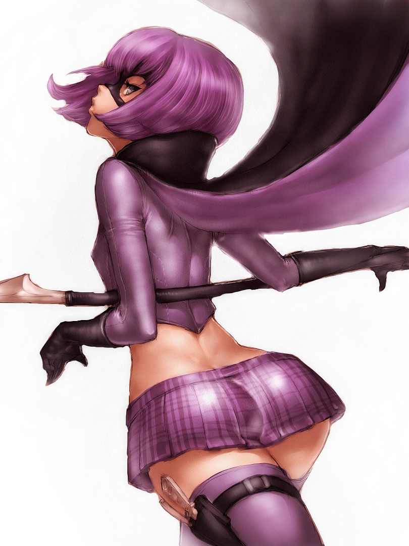 1girl ass cape fumio_(rsqkr) gloves hit-girl kick-ass knife looking_back mask polearm purple_hair short_hair simple_background skirt solo thighhighs violet_eyes weapon white_background