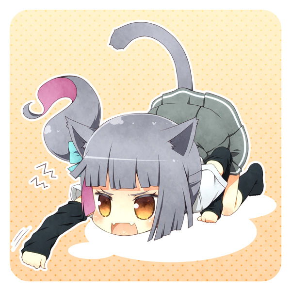 1girl animal_ears brown_eyes cat_ears cat_tail chibi fangs grey_hair kantai_collection kasumi_(kantai_collection) kouji_(campus_life) solo tail