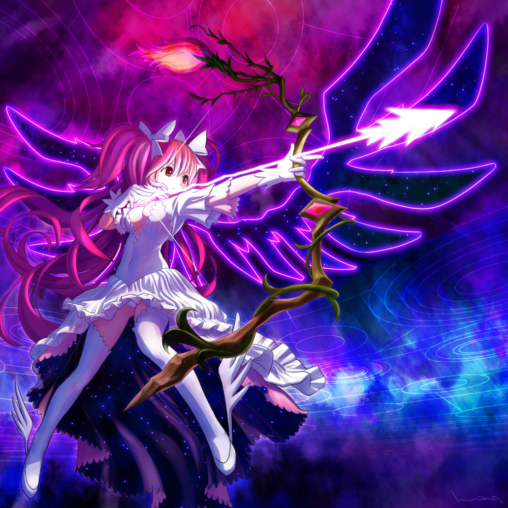 1girl ankle_wings arrow bow bow_(weapon) breasts cleavage dress gloves glowing glowing_weapon glowing_wings goddess_madoka hair_bow kaname_madoka long_hair mahou_shoujo_madoka_magica panties pantyshot pantyshot_(standing) pink_hair red_eyes revision solo space spoilers standing thighhighs twintails two_side_up underwear weapon white_dress white_gloves white_legwear white_panties wings wu_niang