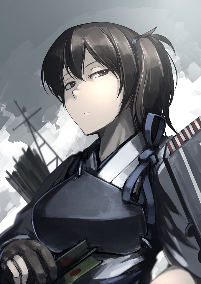 1girl archery arrow breasts brown_eyes brown_hair hetza_(hellshock) japanese_clothes kaga_(kantai_collection) kantai_collection kyuudou looking_at_viewer muneate personification quiver short_hair side_ponytail single_glove solo yugake
