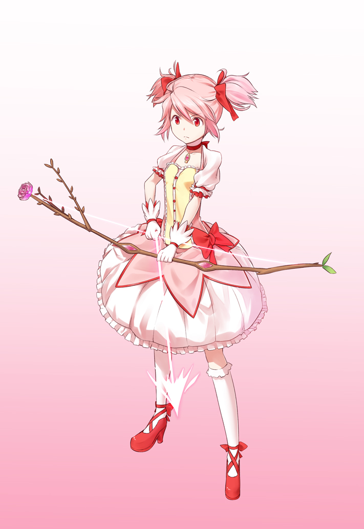 1girl arrow bow bow_(weapon) bubble_skirt choker dress flower gloves grey_background hair_bow kaname_madoka magical_girl mahou_shoujo_madoka_magica pink_eyes pink_hair pink_rose rose short_twintails solo soul_gem tokumaro twintails weapon