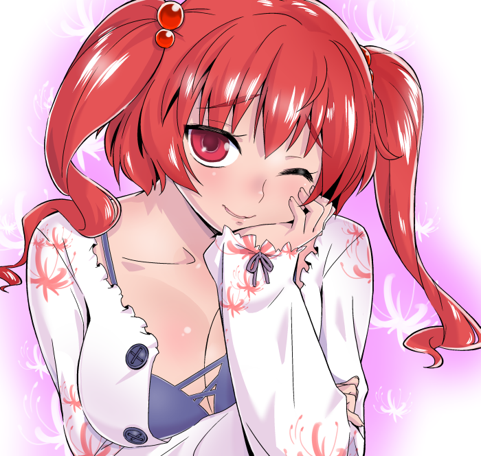 1girl alternate_costume bra breasts cleavage collarbone contemporary floral_print hair_bobbles hair_ornament head_rest large_breasts long_sleeves looking_at_viewer onozuka_komachi open_clothes open_shirt pera-o purple_bra red_eyes redhead revision smile solo touhou twintails underwear wink