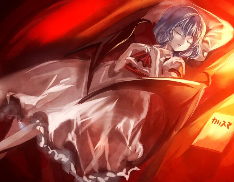 1girl ascot bat_wings bed black_wings blue_hair book closed_eyes frilled_skirt frills hands_on_own_chest kozou_(soumuden) lying no_hat no_headwear on_back open_mouth pillow puffy_sleeves remilia_scarlet shirt short_hair short_sleeves skirt skirt_set sleeping solo text touhou wings