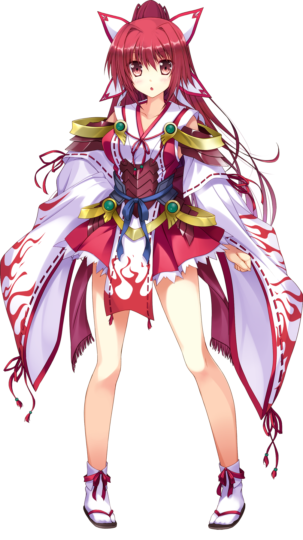 1girl detached_sleeves highres japanese_clothes kimono koiken_otome legs nontraditional_miko ponytail red_eyes sandals tabi tateha_(artist) transparent_background yasukuni_akane