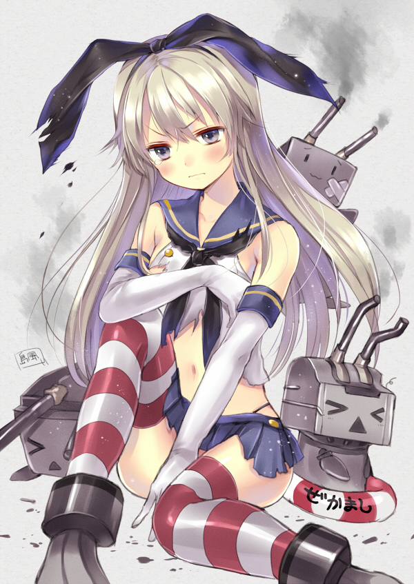 &gt;_&lt; 1girl :3 blonde_hair blush elbow_gloves gloves hairband hanekoto kantai_collection long_hair navel personification rensouhou-chan shimakaze_(kantai_collection) skirt socks striped striped_legwear tears thighhighs torn_clothes torn_skirt wavy_mouth white_gloves