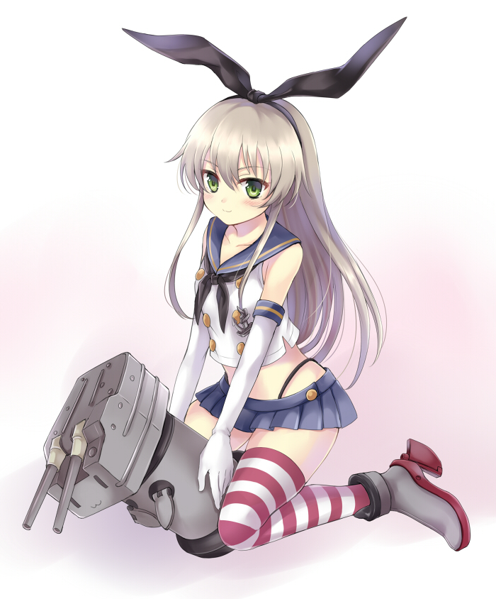 1girl :3 anchor blonde_hair elbow_gloves gloves green_eyes hair_ornament hair_ribbon harimoji kantai_collection long_hair looking_at_viewer machinery midriff panties personification rensouhou-chan ribbon shimakaze_(kantai_collection) smile socks solo striped striped_legwear thighhighs turret underwear