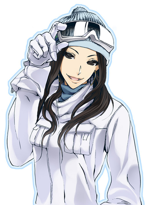 1girl beanie blue_shirt breast_pocket brown_eyes brown_hair coat earrings gloves goggles_on_hat hand_on_goggles hat head_tilt hoop_earrings jewelry lips long_hair looking_at_viewer open_mouth original outline poaro simple_background ski_gear smile solo turtleneck upper_body white_background white_gloves