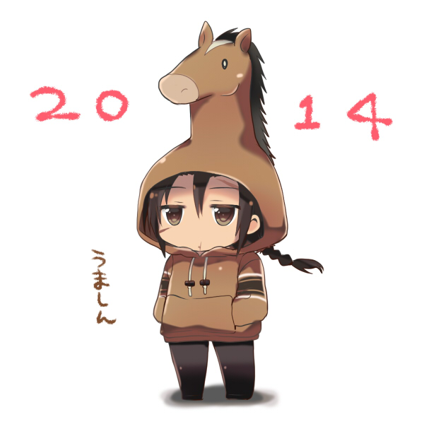 1boy 2014 animal_hood black_hair braid brown_eyes chibi hood hoodie horse horse_head khamsin_nbh'w long_hair male shakugan_no_shana tachitsu_teto