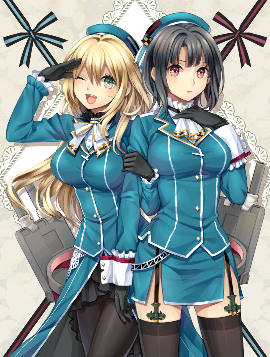 2girls airplane arm_hug atago_(kantai_collection) black_hair blonde_hair breasts garter_straps gloves green_eyes hat highres kantai_collection kiiroink large_breasts looking_at_viewer machinery multiple_girls pantyhose personification red_eyes ribbon salute takao_(kantai_collection) thighhighs turret wink