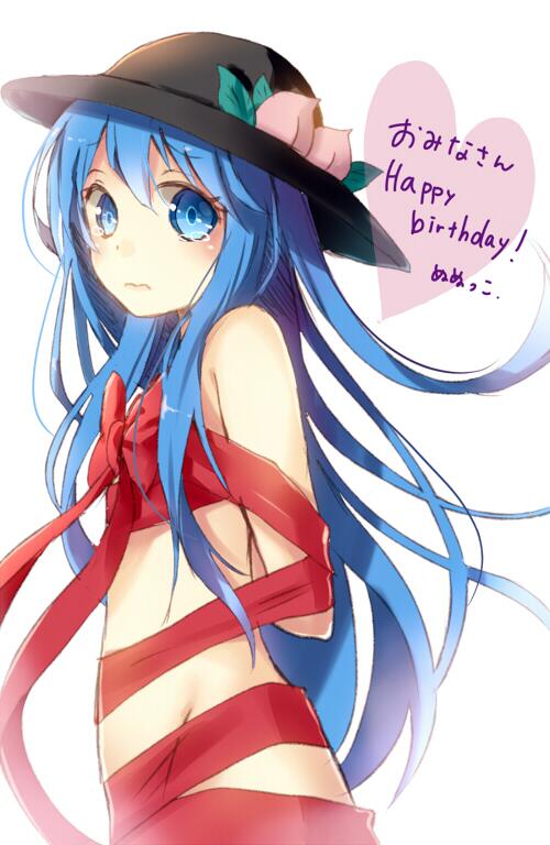 1girl birthday blue_eyes blue_hair blush covering covering_breasts crying food fruit hat heart hinanawi_tenshi long_hair looking_at_viewer nude nunucco peach ribbon simple_background solo tears text touhou white_background