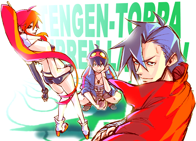 1girl 2boys blue_hair boota boots goggles goggles_on_head kamina kan looking_back multiple_boys ponytail redhead scarf short_shorts shorts simon sleeves_rolled_up smile squatting tengen_toppa_gurren_lagann yoko_littner