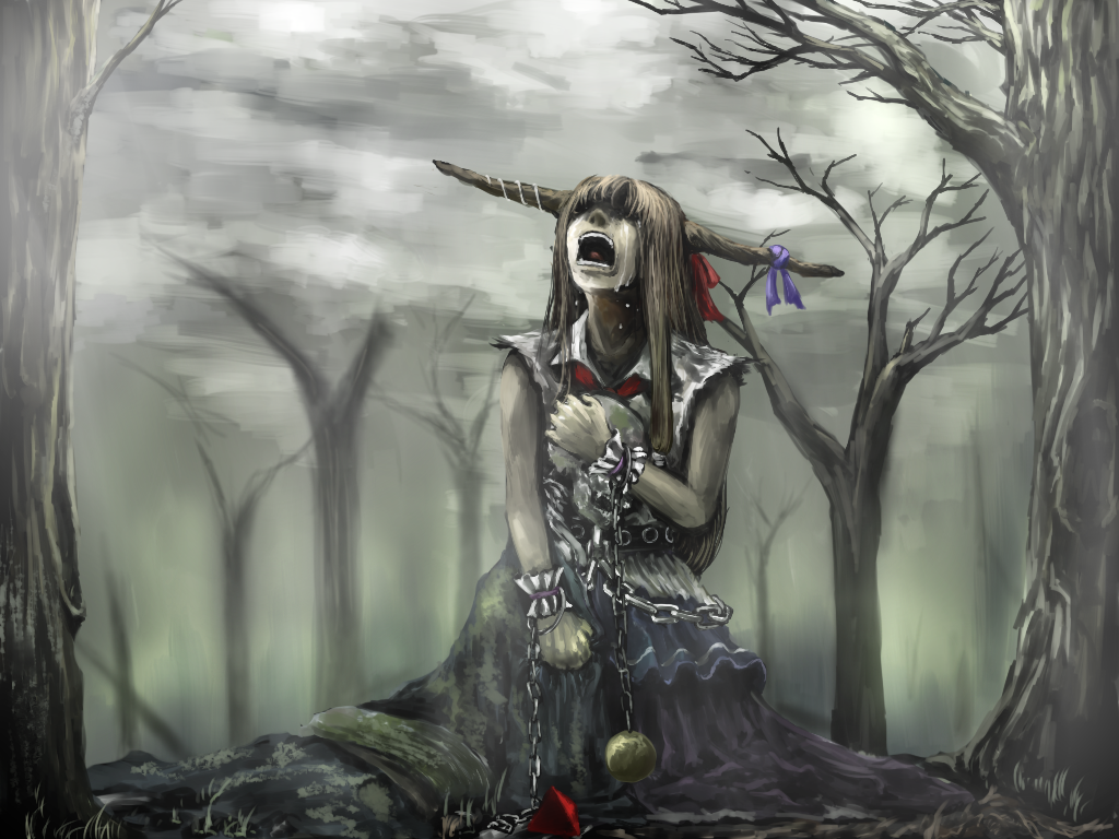 belt brown_hair chain chama_(painter) commentary_request crying horn_bow horns ibuki_suika long_hair open_mouth skull touhou tree wrist_cuffs