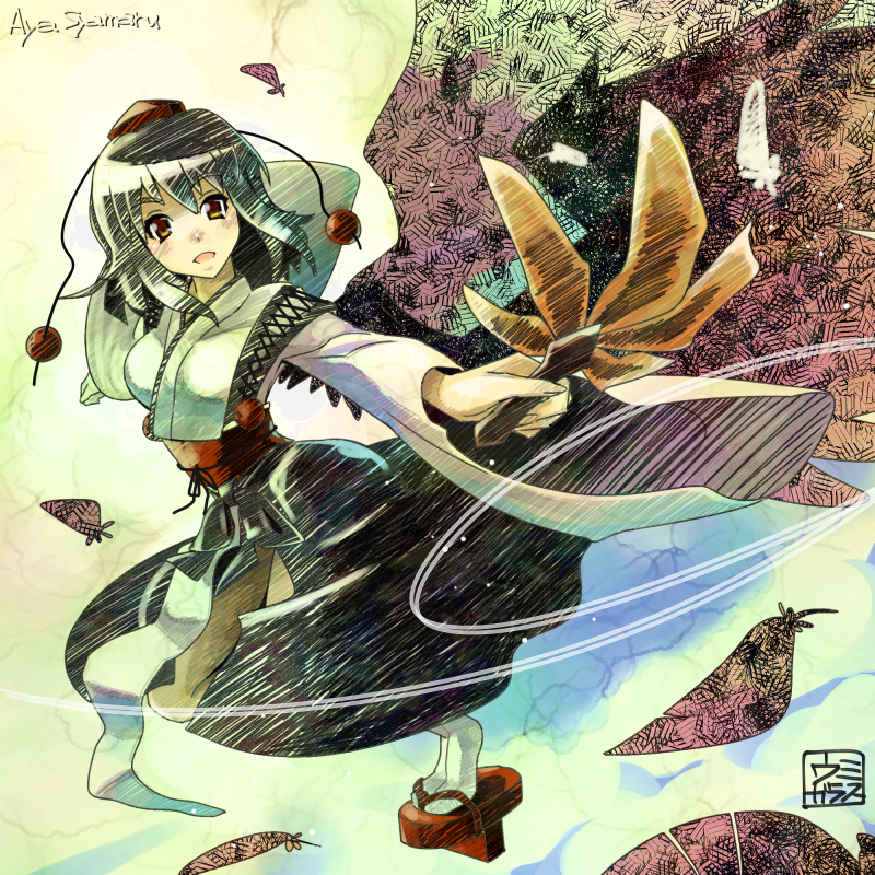 1girl above_clouds artist_name bird_wings black_hair breasts character_name faux_traditional_media feathers flying geta hat kourindou_tengu_costume leaf_fan looking_at_viewer one_leg_raised open_mouth outstretched_arms shameimaru_aya short_hair solo spread_arms tabi tengu-geta tokin_hat touhou umigarasu_(kitsune1963) yellow_eyes
