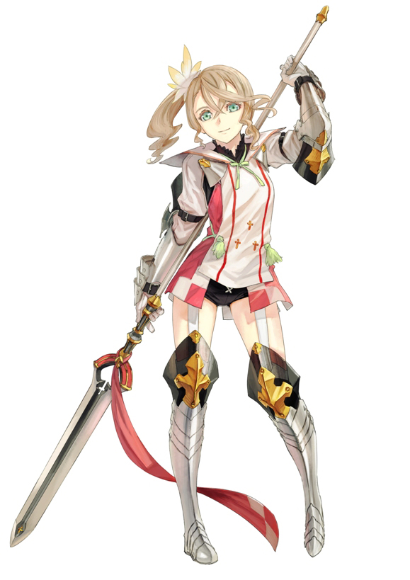 1girl alicia_(tales) artist_request boots brown_hair buruma gauntlets gloves greaves green_eyes knee_boots official_art okumura_daigo polearm shirt short_hair side_ponytail smile solo spear tales_of_(series) tales_of_zestiria thigh_strap weapon white_background