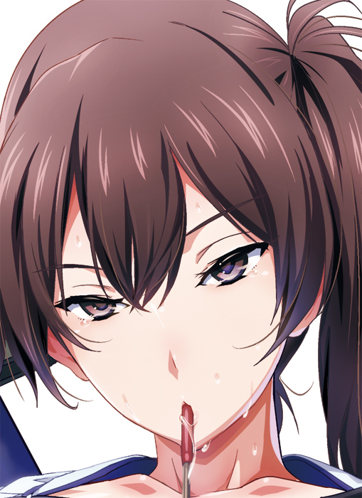 1girl arrow brown_eyes brown_hair close-up kaga_(kantai_collection) kantai_collection looking_at_viewer naughty_face personification ponytail saliva sexually_suggestive shino_(comic_penguin_club) side_ponytail solo sweat