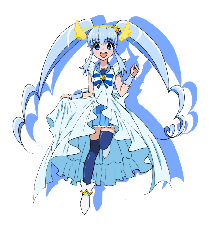 1girl :d black_legwear blue_dress blue_eyes blue_hair bow brooch cosplay crown cure_princess dress halo happinesscharge_precure! head_wings jewelry long_hair magical_girl mini_crown namesake open_mouth parody payot precure princess_form_(smile_precure!) pun ribbon shirayuki_hime shoes skirt smile smile_precure! solo thighhighs twintails wakatuki25 white_background