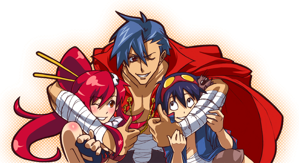 1girl 2boys bandages blue_hair boota cape fingerless_gloves gloves goggles goggles_on_head hair_ornament kamina kan multiple_boys ponytail redhead shirtless simon smile tengen_toppa_gurren_lagann thumbs_up wink yoko_littner