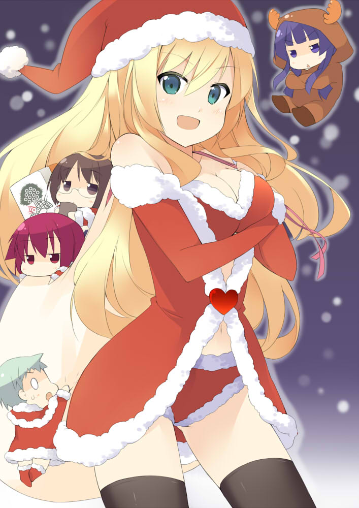 5girls animal_costume aqua_eyes blonde_hair board_game breasts brown_eyes brown_hair chibi cleavage green_hair hat heart hirose_sumire looking_at_viewer mahjong mahjong_tile matano_seiko miyanaga_teru multiple_girls oohoshi_awai open_mouth purple_hair red_eyes redhead reindeer_costume saki santa_costume santa_hat sasakura shibuya_takami sweatdrop thighhighs violet_eyes