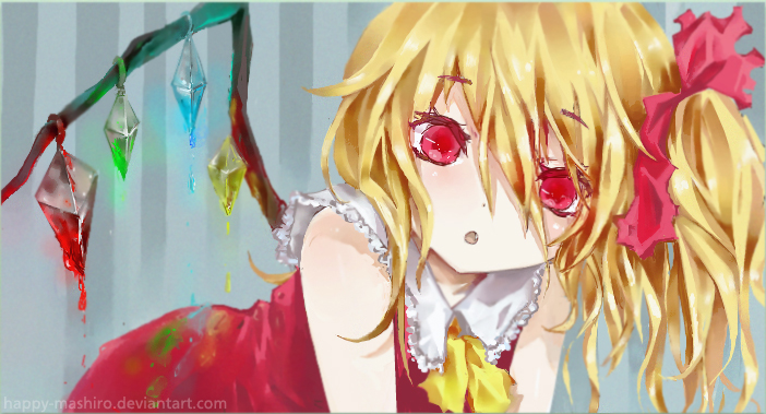 1girl ascot bent_over blonde_hair collarbone crystal dress dripping fang flandre_scarlet happy-mashiro looking_at_viewer open_mouth red_dress red_eyes ribbon side_ponytail simple_background solo striped striped_background touhou wings