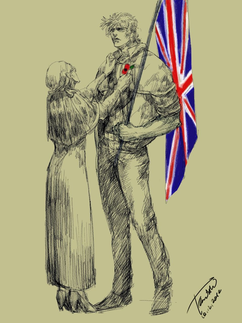 1boy 1girl aldurvankar england erina_pendleton flag grandmother_and_grandson height_difference highres jacket jojo_no_kimyou_na_bouken joseph_joestar_(young) partially_colored poppy realistic remembrance_day size_difference union_jack