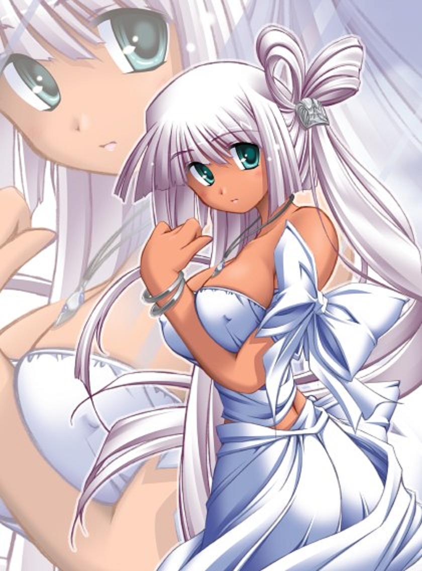 bow breasts cleavage dark_skin erect_nipples green_eyes large_breasts skirt white_hair zoom_layer