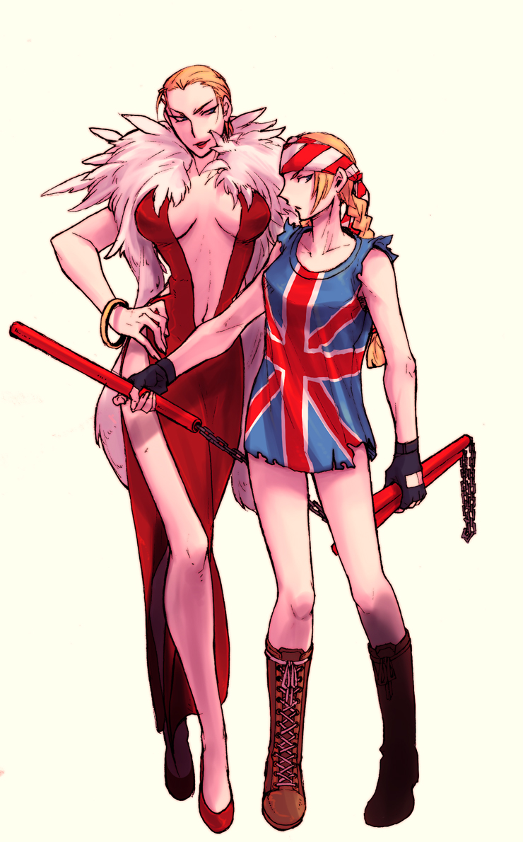 bangle bare_legs billy_kane blonde_hair blue_eyes boots braid breasts cleavage cross-laced_footwear fatal_fury feather_boa fingerless_gloves geese_howard genderswap gloves hand_on_hip headband itkz itkz_(pixiv) king_of_fighters lace-up_boots long_hair long_legs midnight_bliss multiple_girls short_hair side_slit silentknight snk three_section_staff torn_clothes torn_sleeves union_jack