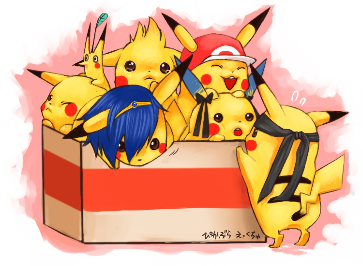 blue_hair box brown_eyes cardboard_box clothed_pokemon cosplay crying fire_emblem fire_emblem:_mystery_of_the_emblem fire_emblem_mystery_of_the_emblem hairy_pikachu hat headband in_container lucario lucas marth metal_gear_solid mother_(game) mother_3 no_humans parody pikachu pikmin pikmin_(creature) pokemon pokemon_(creature) pokemon_(game) pokemon_rgby pokemon_trainer red_(pokemon) red_(pokemon)_(remake) smile solid_snake super_smash_bros. super_smash_bros_brawl tears tiara too_many_pikachu waka_charoku