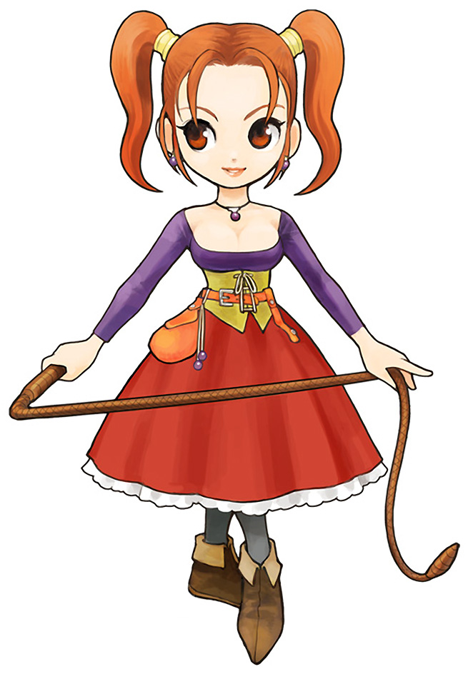 brown_eyes cleavage corset dragon_quest dragon_quest_viii dress earrings itadaki_street jessica_albert jewelry official_art red_hair redhead short_twintails solo strapless_dress twintails whip