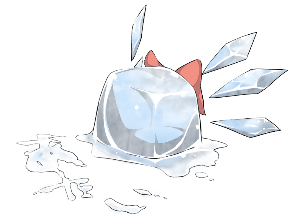 bow cirno hair_bow ice ice_cube melting no_humans objectification parody tera_zip touhou translated wings