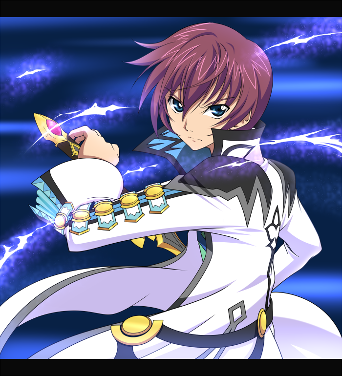 asbel_lhant blue_background blue_eyes brown_hair letterboxed male mikeneko_(stray-sheep) ready_to_draw short_hair sword tales_of_(series) tales_of_graces weapon