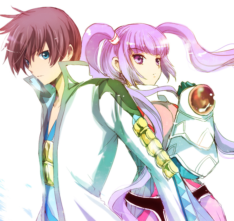 1girl asbel_lhant blue_eyes brown_hair kurimomo long_hair purple_eyes purple_hair sophie_(tales_of_graces) tales_of_(series) tales_of_graces twintails violet_eyes