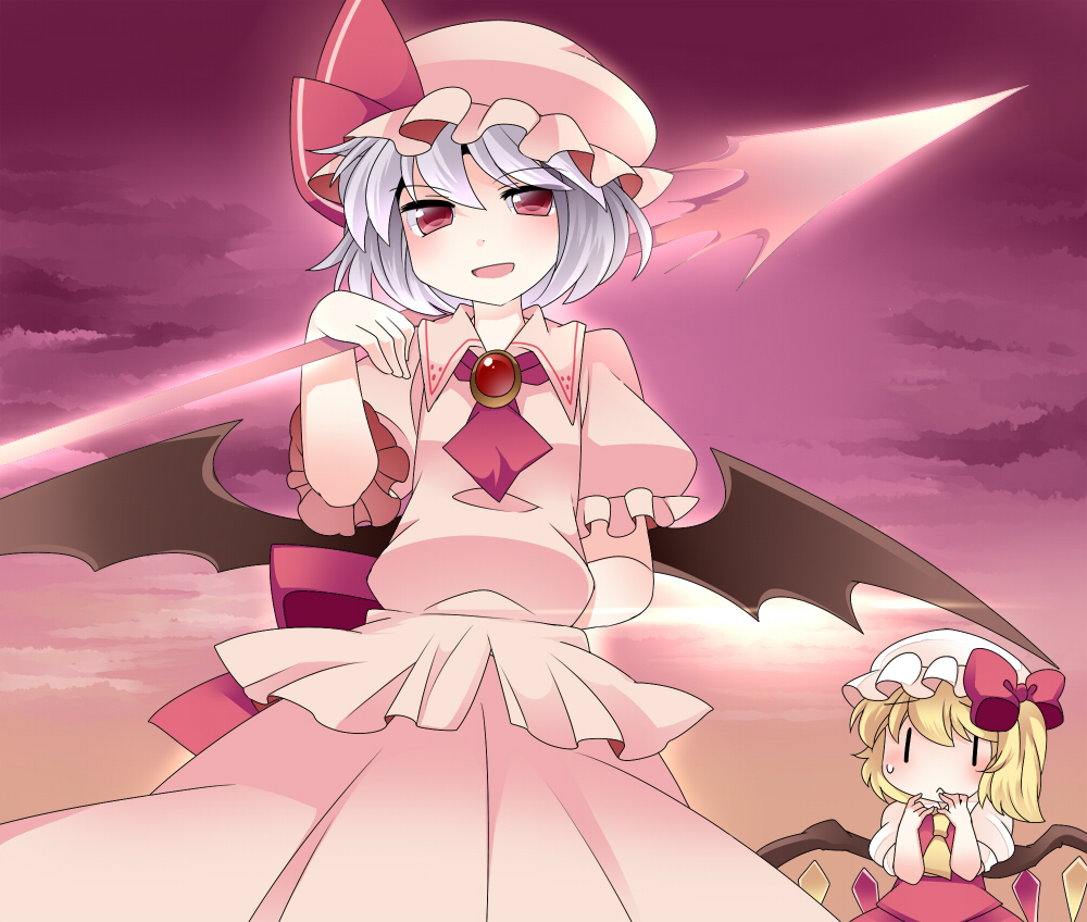 2girls arms_behind_back ascot bat_wings blonde_hair brooch flandre_scarlet hammer_(sunset_beach) hat jewelry multiple_girls open_mouth red_eyes red_sky remilia_scarlet short_hair side_ponytail silver_hair skirt skirt_set sky smile spear_the_gungnir touhou wings |_|