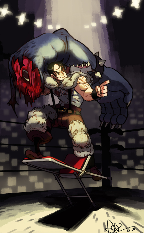 1boy alex_ahad beowulf_(skullgirls) black_hair bracelet chair folding_chair jewelry official_art pointing severed_arm signature skullgirls spiked_bracelet spikes the_hurting wrestling_ring