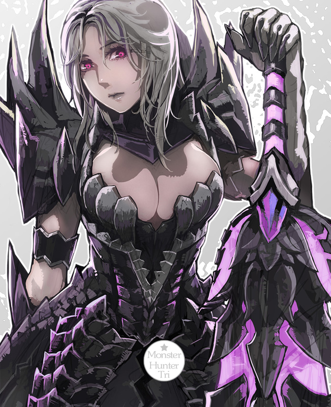 aoin armlet armor bad_id black_armor blonde_hair breasts cleavage grey_hair lips long_hair monster_hunter monster_hunter_3 pauldrons pink_eyes red_eyes solo sword weapon