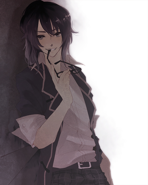 alternate_costume alternate_hairstyle belt biting black_eyes black_hair glasses male mozzu school_uniform sleeves_rolled_up smile smirk solo tales_of_(series) tales_of_vesperia yuri_lowell