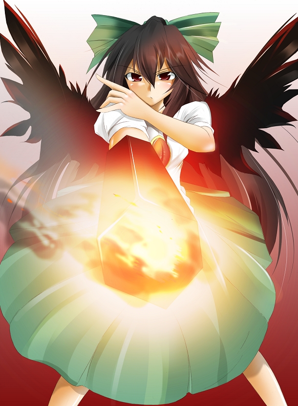 black_hair bow eyes hair_ribbon kuro_inu kuroinu_(sonoba_shinogi) long_hair red_eyes reiuji_utsuho ribbon touhou weapon wings