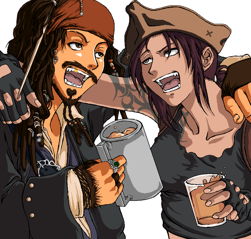 brown_eyes brown_hair crossover disney drinking drunk fang gold_tooth hat jack_sparrow pirate pirates_of_the_caribbean revy shadowkira tricorne