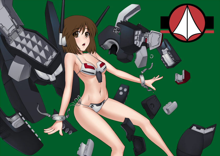 brown_hair choujikuu_yousai_macross cosplay hagiwara_yukiho idolmaster macross macross:_do_you_remember_love? mecha mecha_musume personification short_hair swimsuit u.n._spacy vf-1 vf-1j_armored wata_do_chinkuru wata_domingez