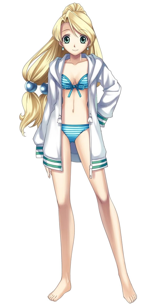 alternate_costume aqua_eyes atelier atelier_(series) atelier_marie_alchemist_of_salburg bangs barefoot bikini blonde_hair blue_bikini breasts cleavage commentary cross_edge earrings feet front-tie_top gust hair_bobbles hair_ornament hirano_katsuyuki hoodie jacket jewelry legs long_hair marie marie_(atelier) marlone navel official_art open_clothes open_jacket parted_bangs ponytail quad_tails simple_background smile solo standing striped striped_bikini striped_swimsuit swimsuit swimsuit_under_clothes unzipped white_background zipper