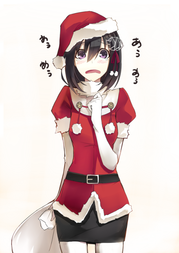 1girl adapted_costume black_hair blush christmas_tree elbow_gloves embarrassed gloves haguro_(kantai_collection) hair_ornament hat kantai_collection kauto open_mouth pantyhose personification santa_costume santa_hat short_hair simple_background skirt solo tears white_background white_gloves