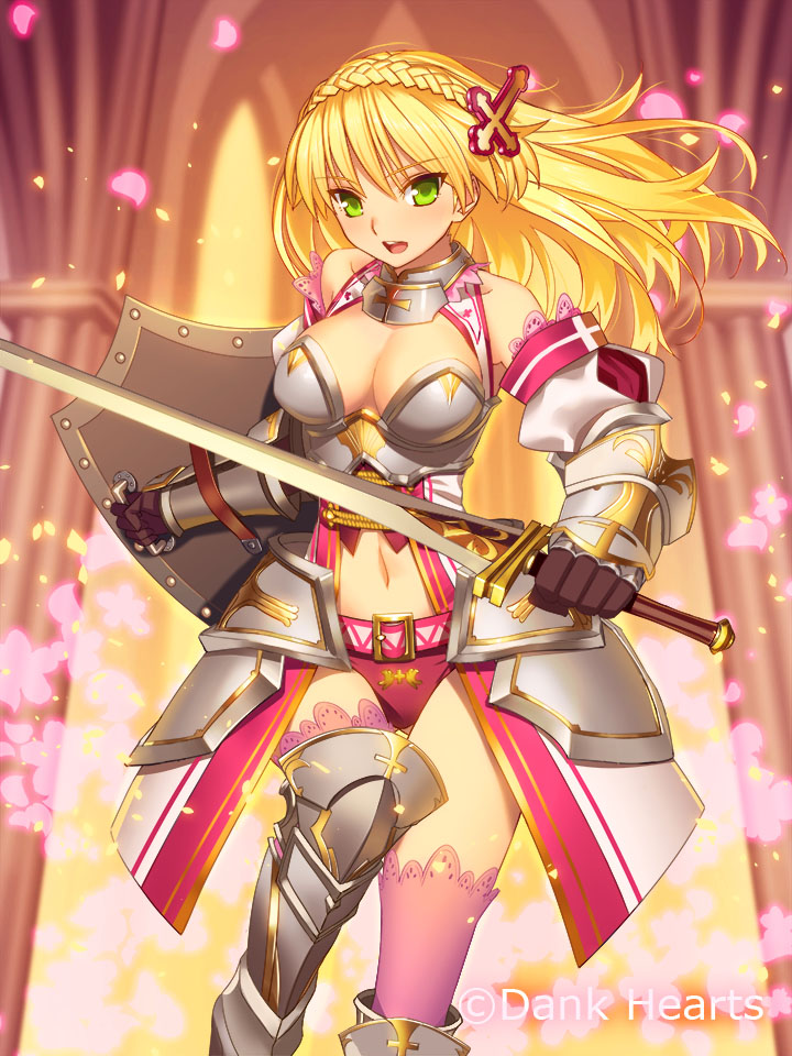 1girl :d bare_shoulders blonde_hair braid breasts cleavage cleavage_cutout detached_sleeves faulds french_braid gauntlets greaves green_eyes hair_ornament lace lace-trimmed_thighhighs leg_up long_hair navel open_mouth original pink_legwear smile solo sword thighhighs weapon yangsion